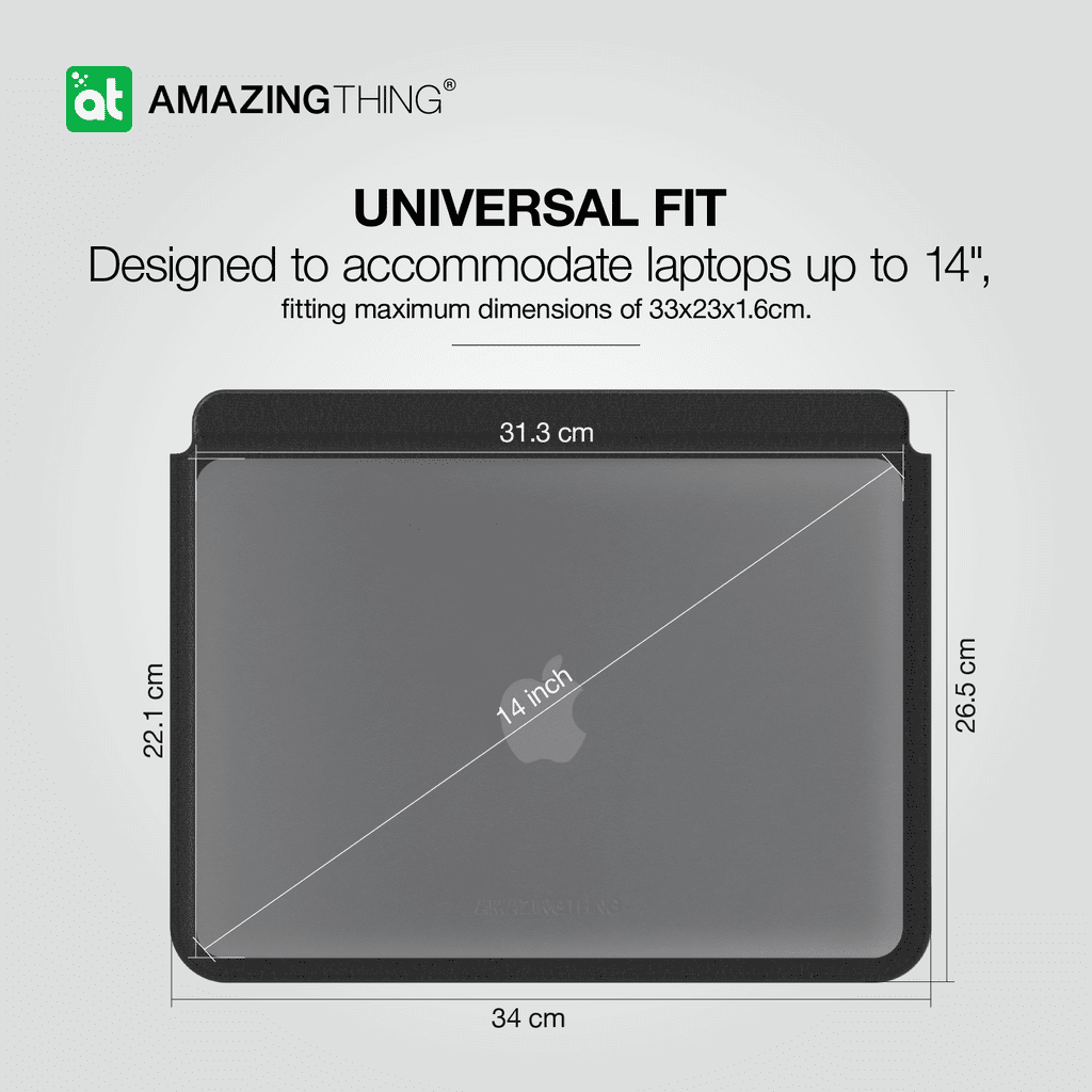 Laptop sleeve with dimensions and 'Amazing Thing' branding on a gray background