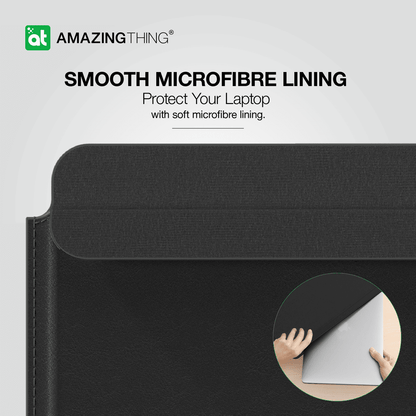 Black laptop sleeve with 'Amazing Thing' branding and text about smooth microfibre lining.