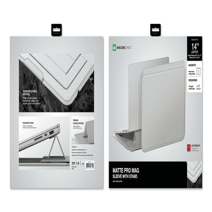 Package of Matte Pro Mag Sleeve with Stand for laptop on a white background