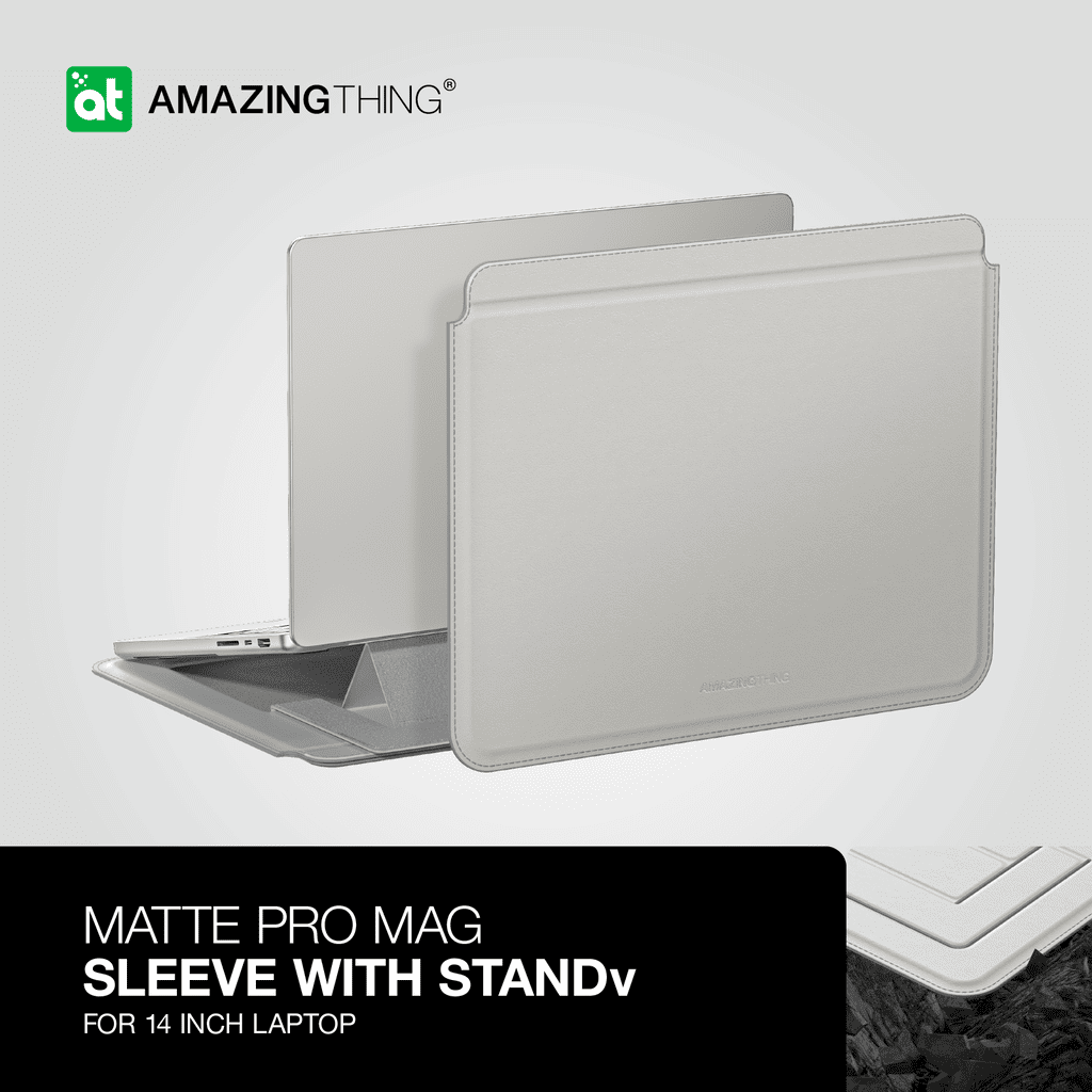 Matte Pro Mag sleeve with stand for 14 inch laptop by Amazing Thing on a light gray background