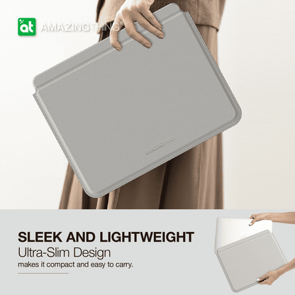 Gray laptop sleeve held by a person with 'Amazing Thing' branding, emphasizing sleek and lightweight design.