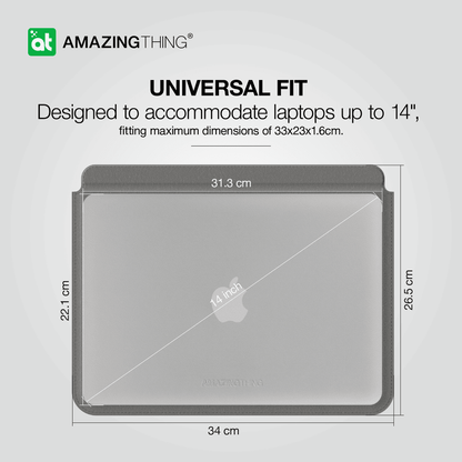 Laptop case with dimensions and 'Amazing Thing' branding on a gray background