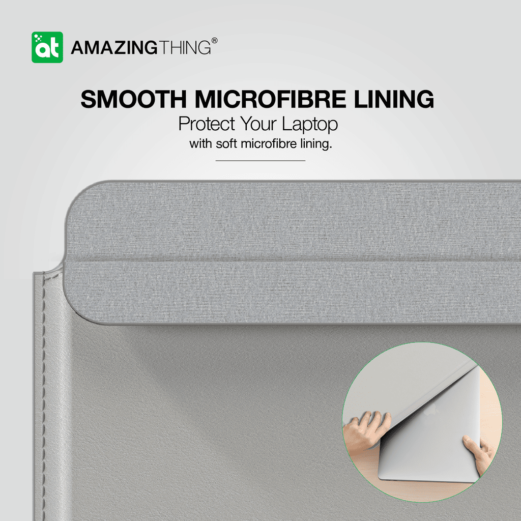 Gray laptop sleeve with 'Amazing Thing' branding and text about smooth microfibre lining.