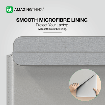 Gray laptop sleeve with 'Amazing Thing' branding and text about smooth microfibre lining.