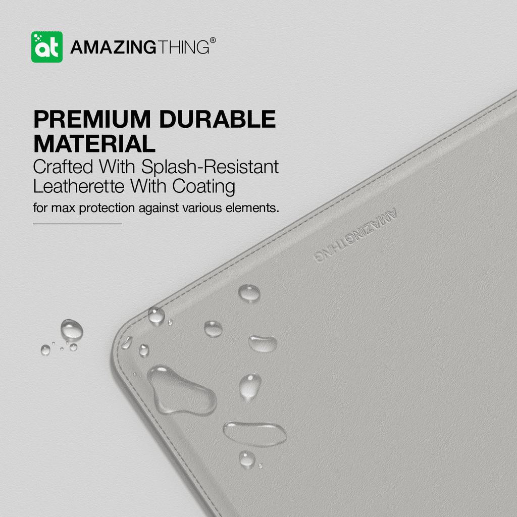 Phone case with splash-resistant leatherette material on a gray background, featuring the 'Amazing Thing' brand.