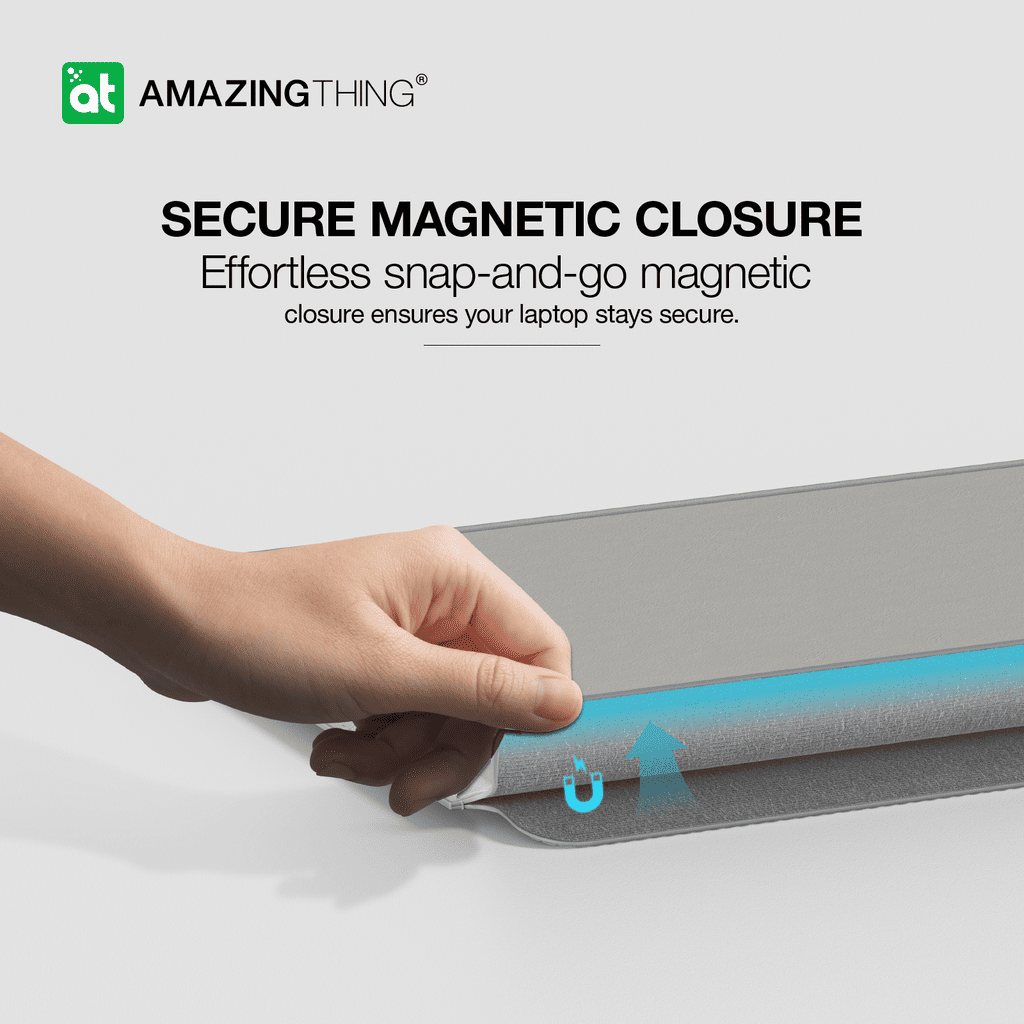 Hand interacting with a laptop cover featuring 'Amazing Thing' branding and text about a secure magnetic closure.