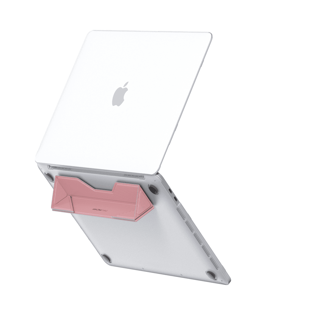 Pink cardholder attached to a laptop on a white background