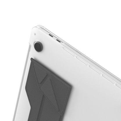 Close-up of a tablet with a black textured stand on a white background