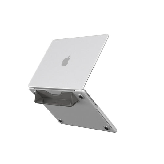 A gray Marsix Pro MacBook case with a magnetic stand attached, shown in an angled position to display the stand's angle for comfort during use.