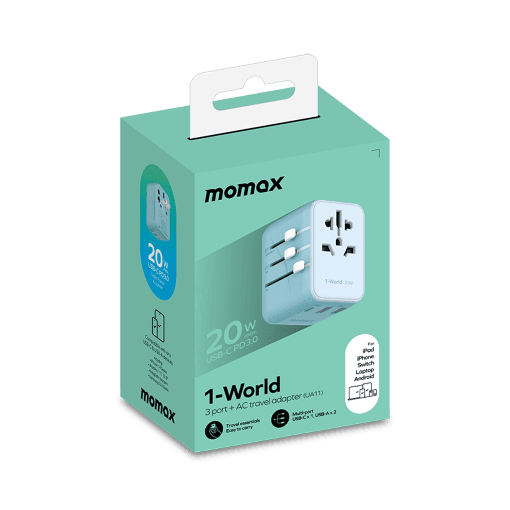 Momax travel adapter packaging on a green background
