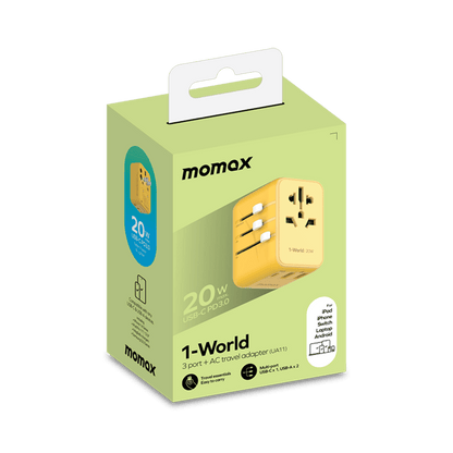 Momax travel adapter packaging on a green background