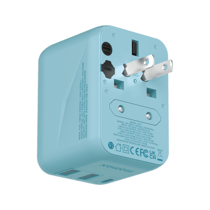 Blue travel adapter with multiple ports on a transparent background