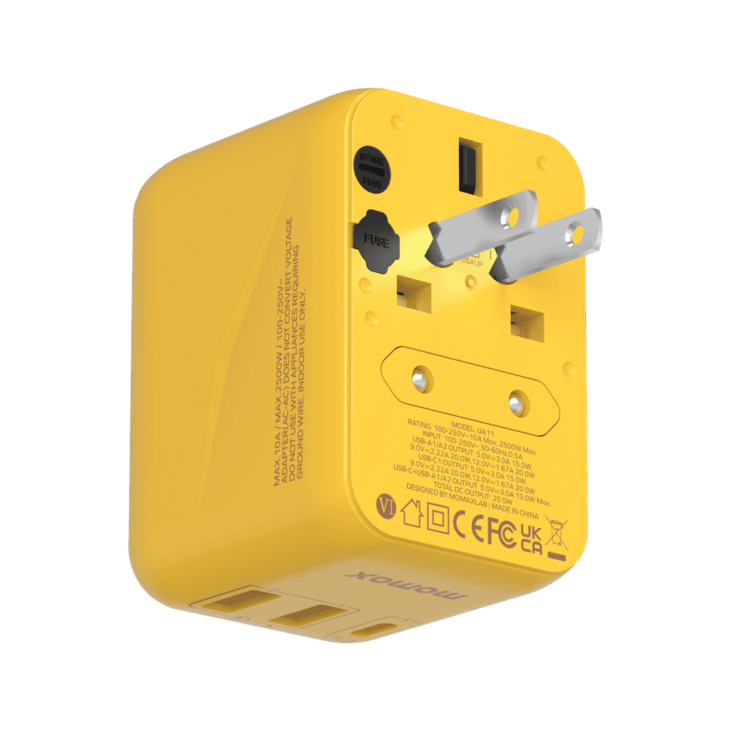 Yellow travel adapter with multiple plug sockets on a transparent background