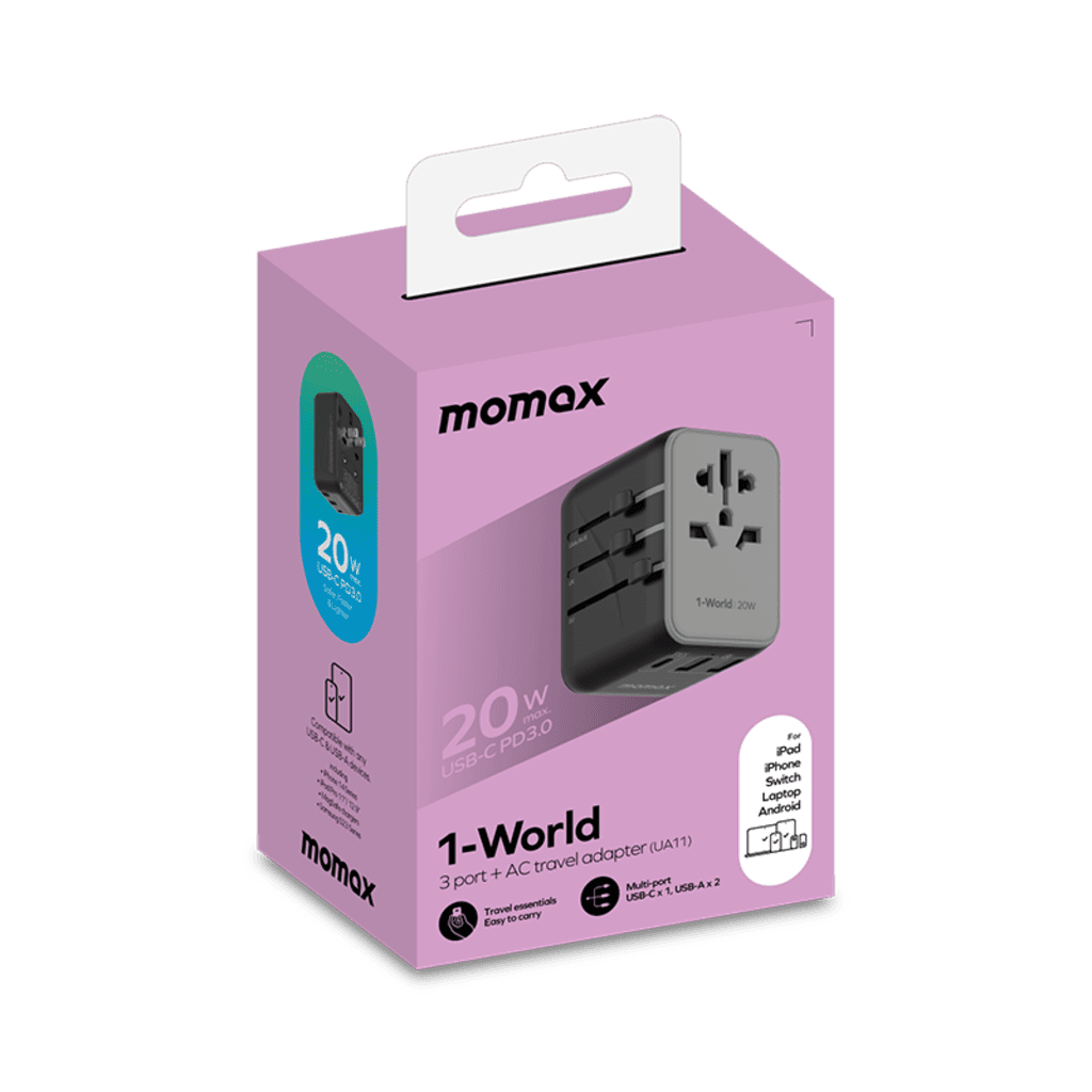 Momax 1-World travel adapter packaging on a white background