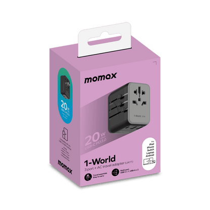 Momax 1-World travel adapter packaging on a white background