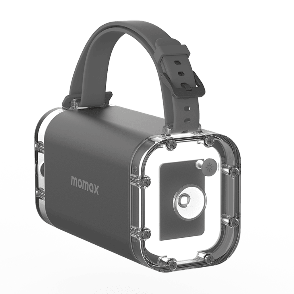 Black and transparent power bank with 'momax' branding on a gray background