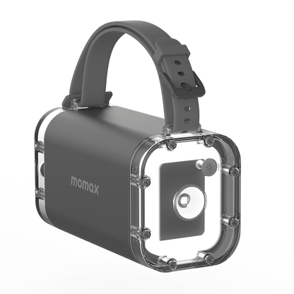 Black and transparent power bank with 'momax' branding on a gray background