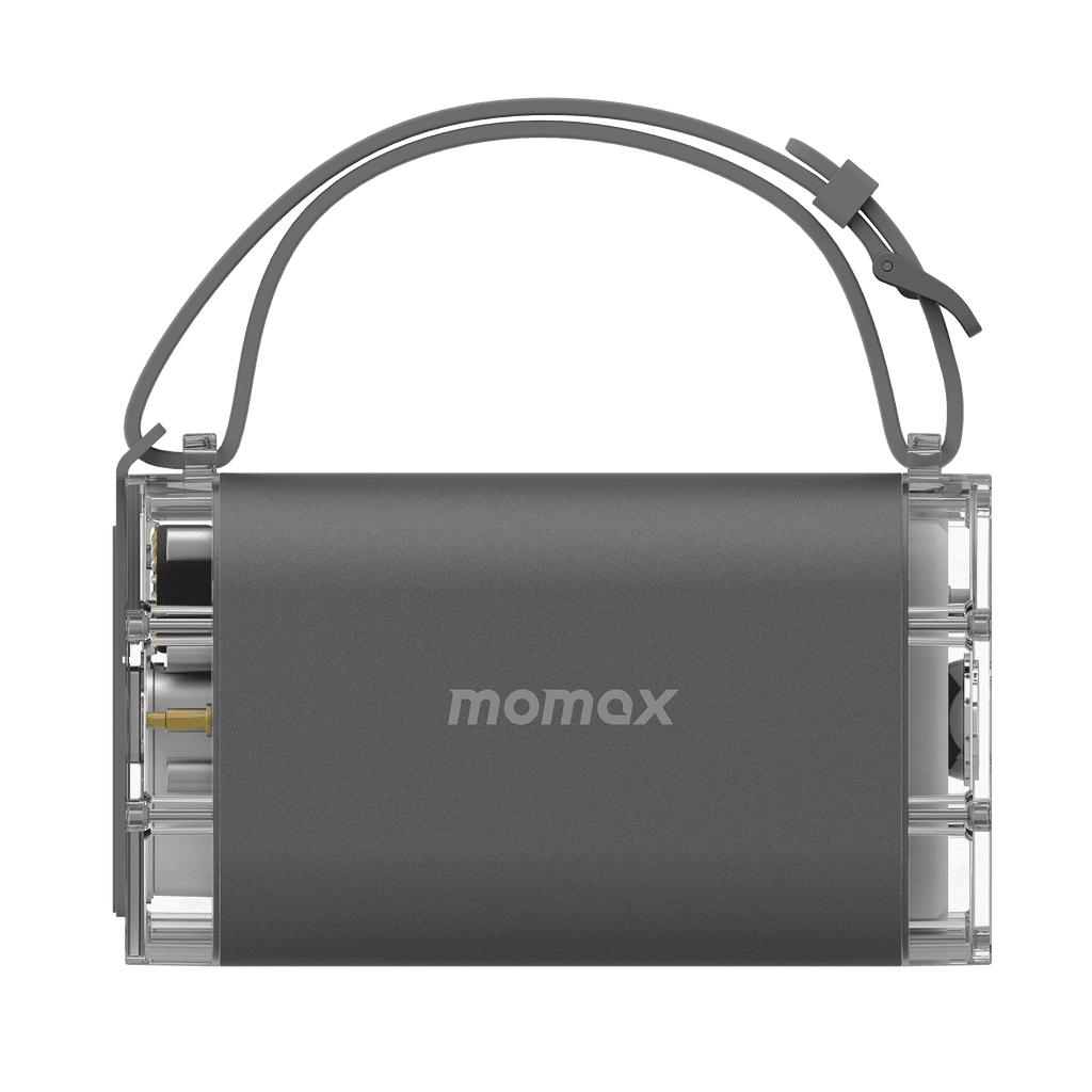 Gray power bank with 'momax' branding on a transparent background