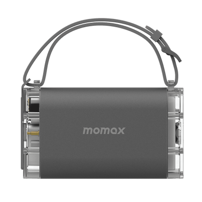 Gray power bank with 'momax' branding on a transparent background