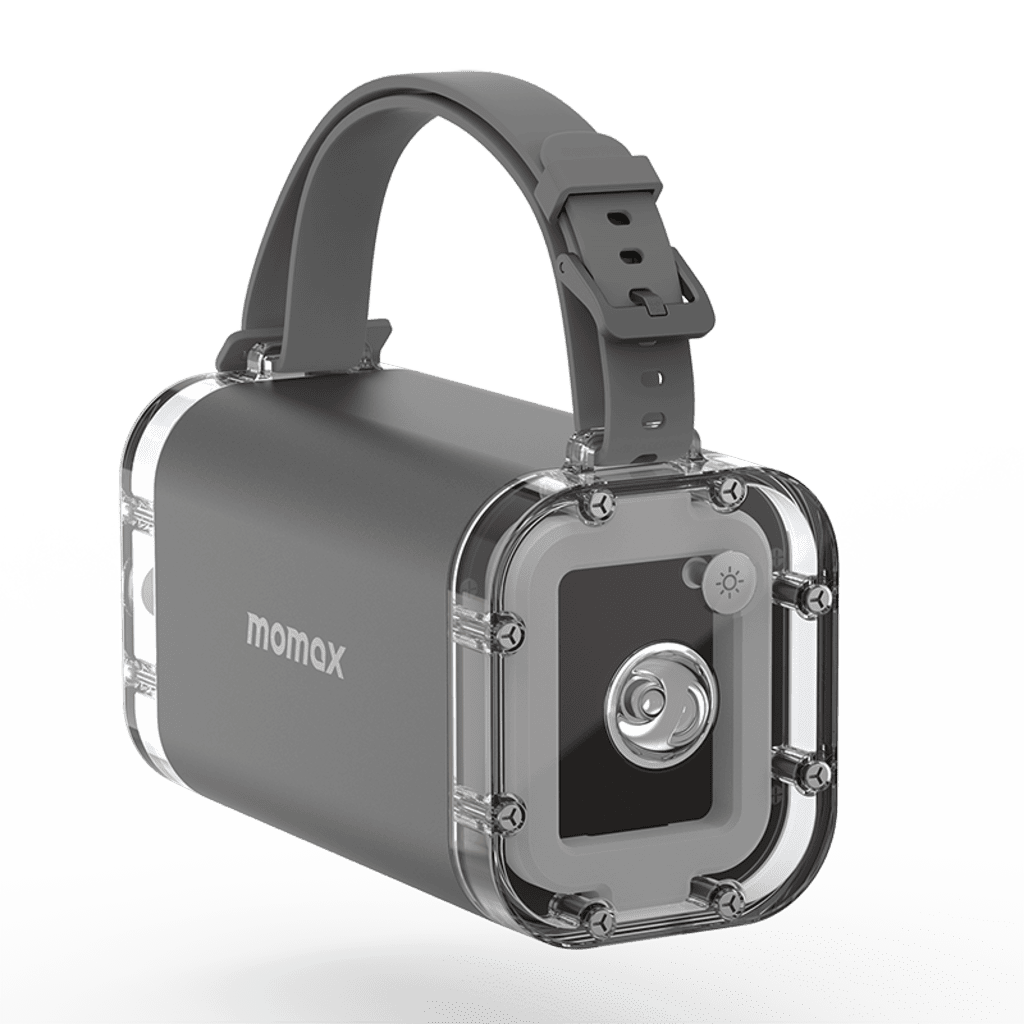 Portable speaker with a strap on a white background, featuring the Momax brand.