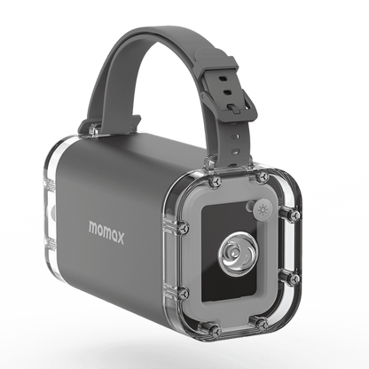 Portable speaker with a strap on a white background, featuring the Momax brand.