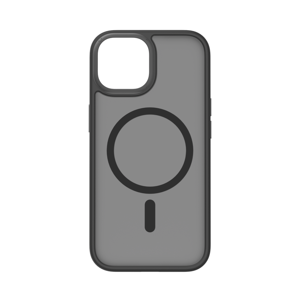 A black, transparent, magnetic case for the iPhone 15 Pro Max with a raised edge for lens protection.