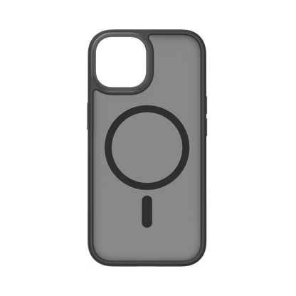 A black, transparent, magnetic case for the iPhone 15 Pro Max with a raised edge for lens protection.