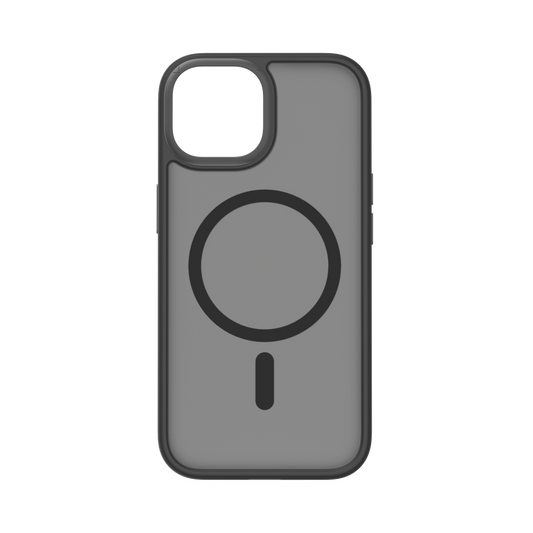 A black, transparent, magnetic case for the iPhone 15 Pro Max with a raised edge for lens protection.