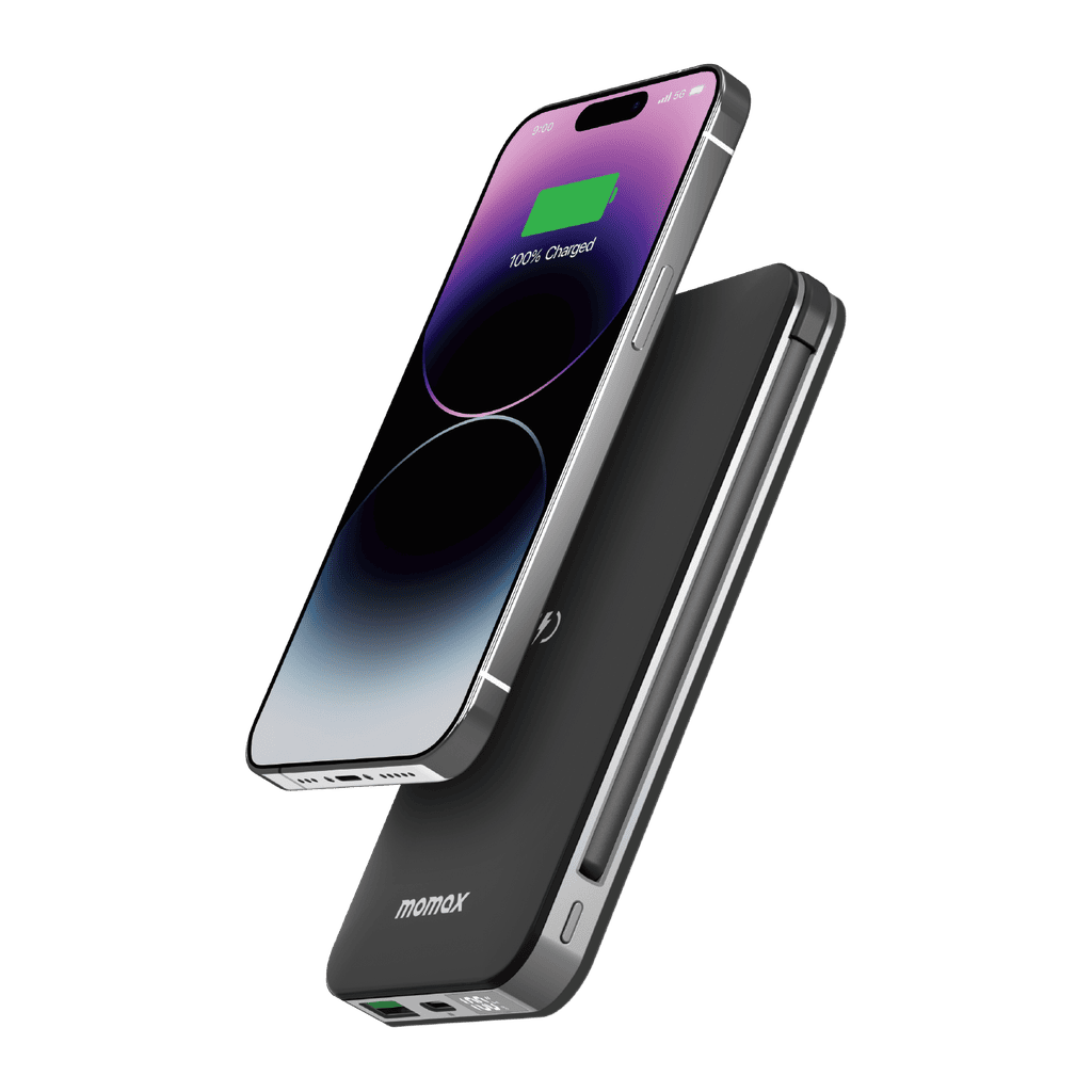 Phone with a power bank labeled 'momax' on a transparent background