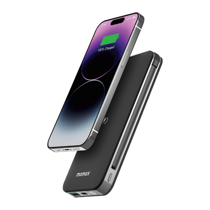 Phone with a power bank labeled 'momax' on a transparent background