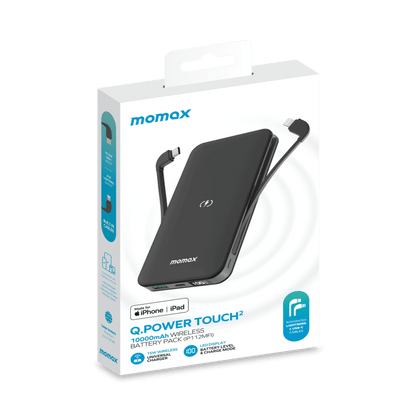 Momax Q.Power Touch wireless battery pack packaging on a green background