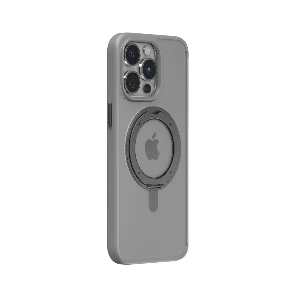 Gray phone case with Apple logo on a transparent background