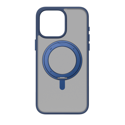Phone case with blue accent and ring holder on a transparent background