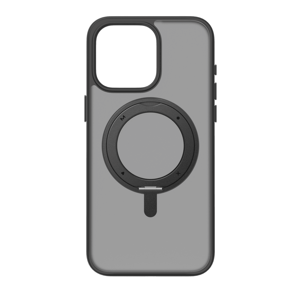 Phone case with a magnetic ring holder on a transparent background