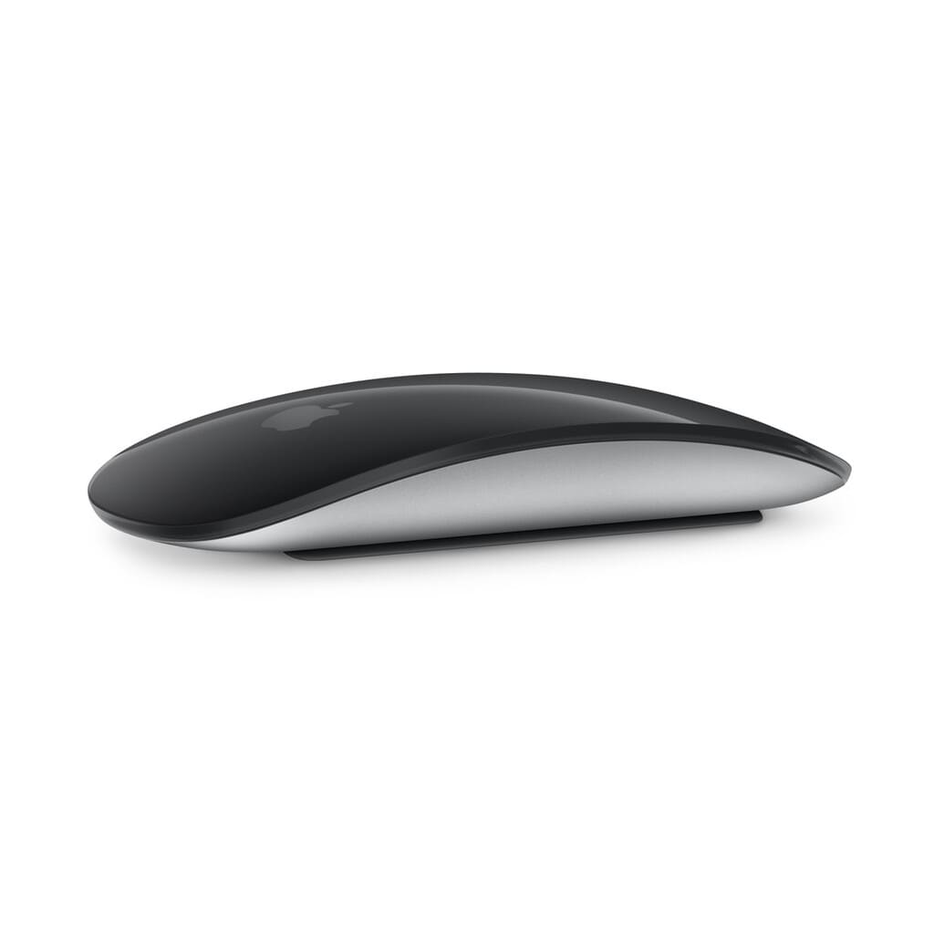Black and silver computer mouse on a white background
