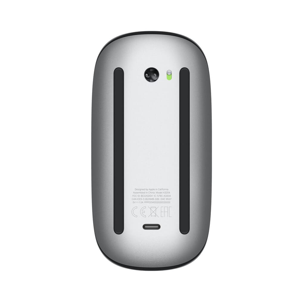 Silver electronic device with text on a white background