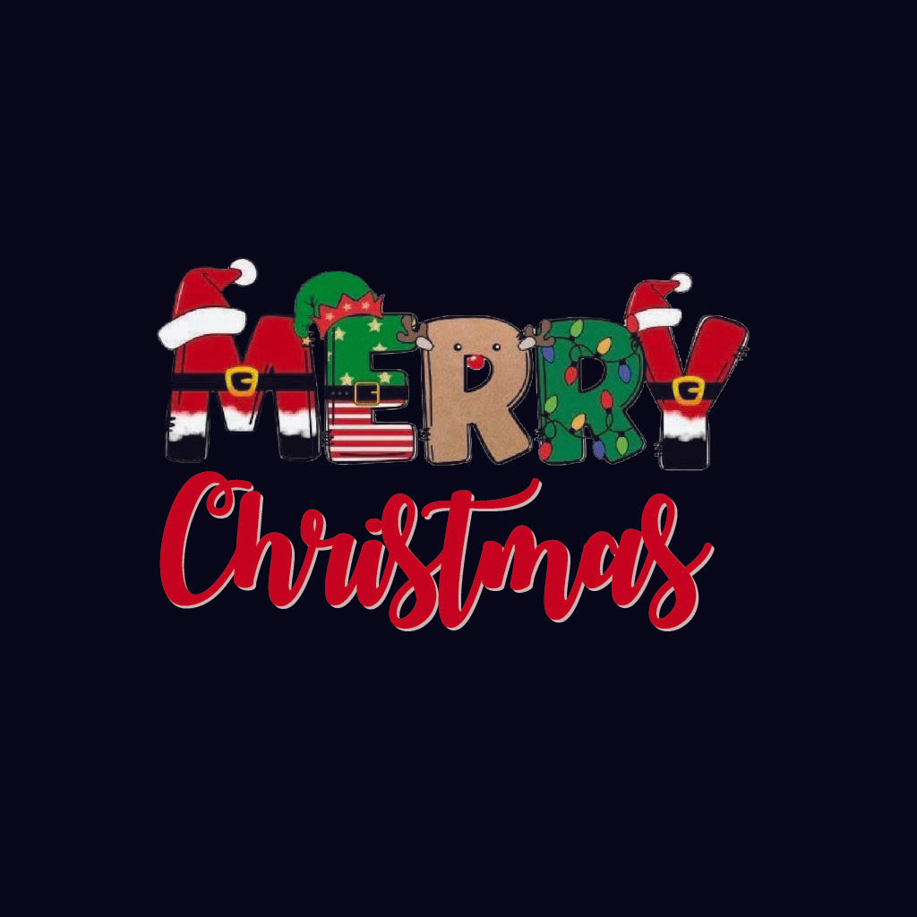 Merry Christmas text with cartoon reindeer and Santa hats on a black background