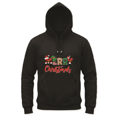 Black hoodie with 'Merry Christmas' text and Santa hats on a white background