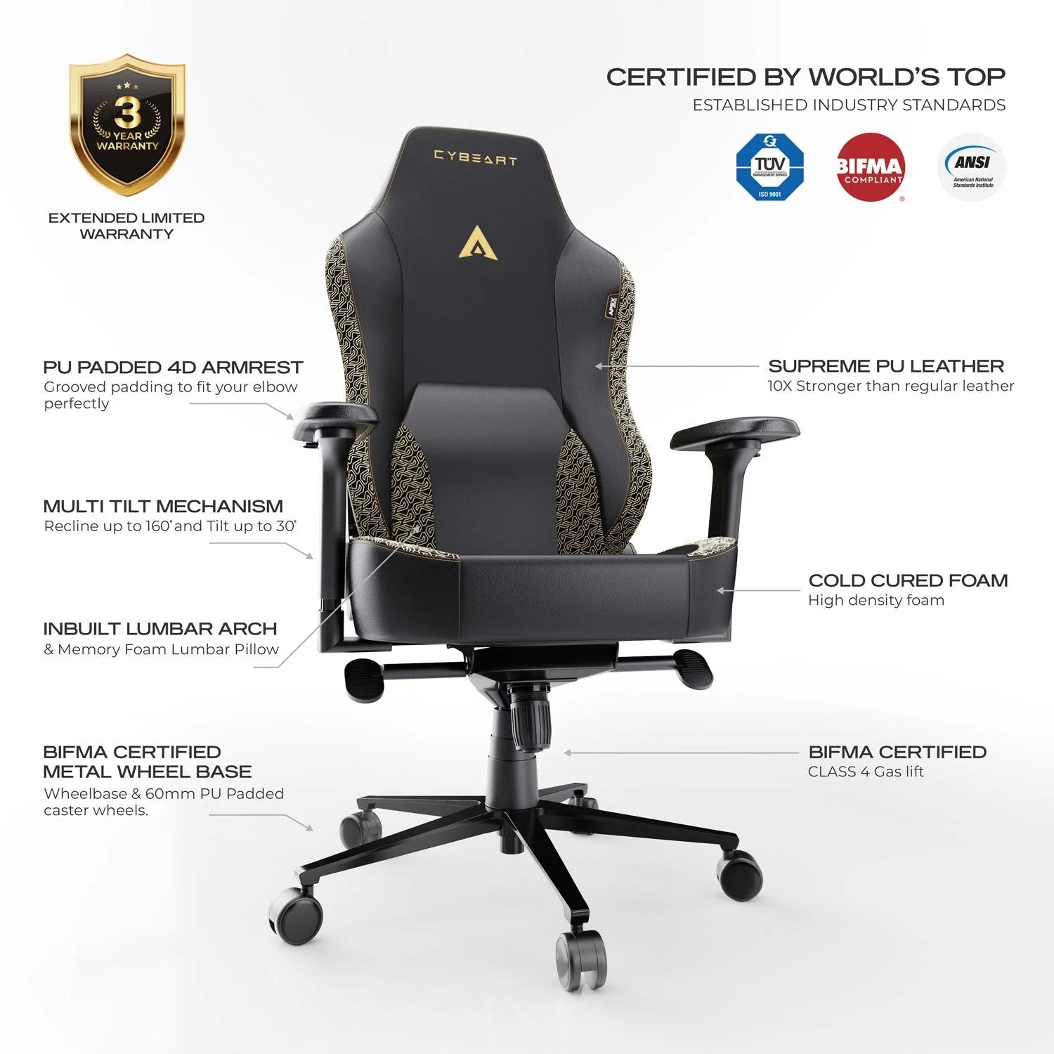 CYBEART | Imperial Edition - NEO Series Gaming / Office Chair | 4D Armrest, Magnetic Neck & Lumbar Pillow, Supreme PU Leather, Ergonomic, Recline & Tilt