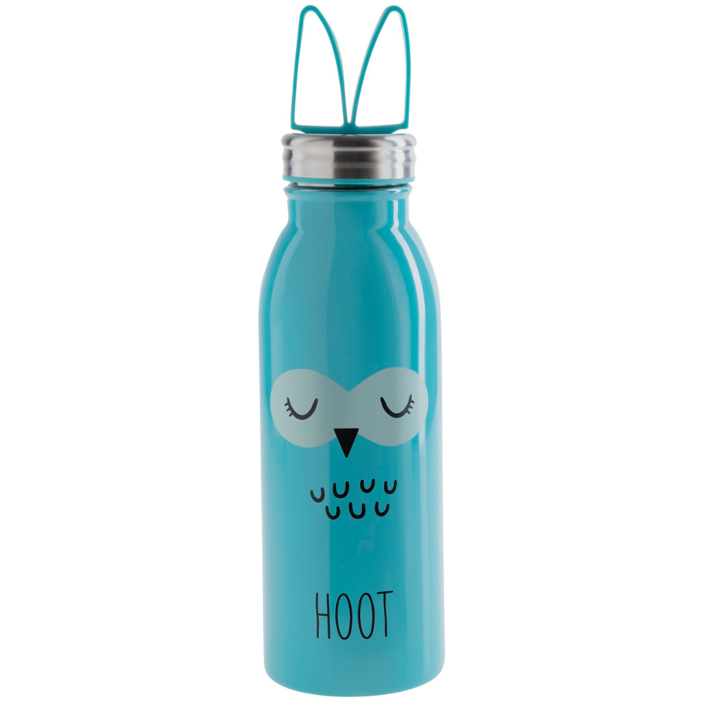 Turquoise water bottle with owl design and 'HOOT' text on a white background