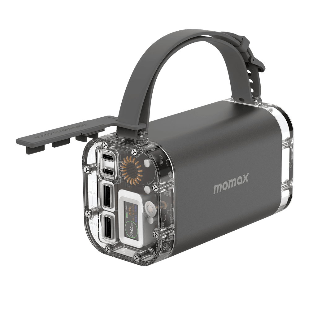 Portable power station with handle and multiple ports on a transparent background