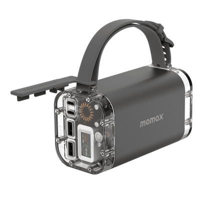 Portable power station with handle and multiple ports on a transparent background