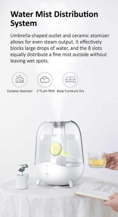 Deerma F325 Crystal Clear Ultrasonic Cool Mist Humidifier 5L Capacity Silent Aromatherapy Diffuser Transparent Water Tank | Water Shortage Protection - White