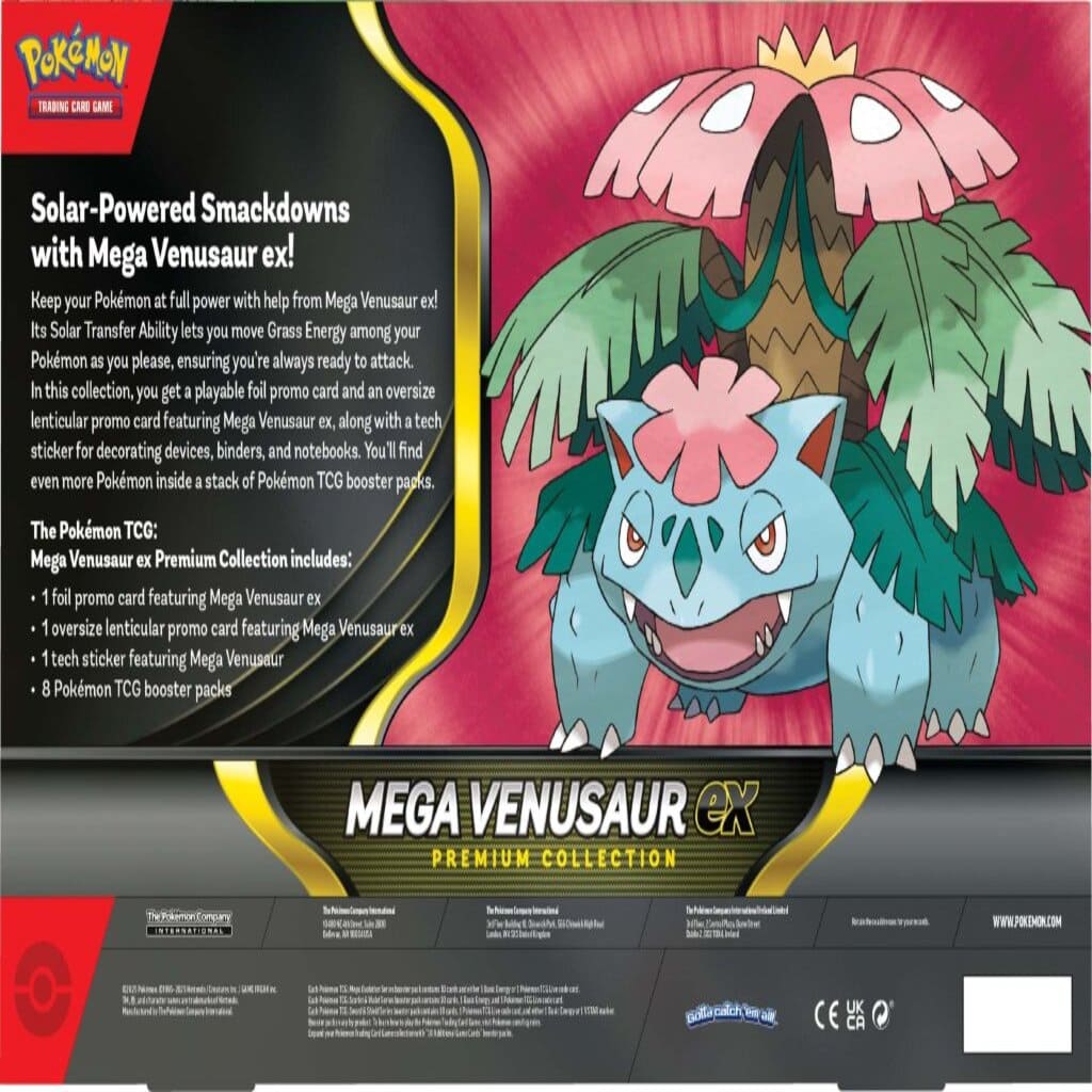 Pokémon Mega Venusaur EX Premium Collection packaging with character illustration and text.