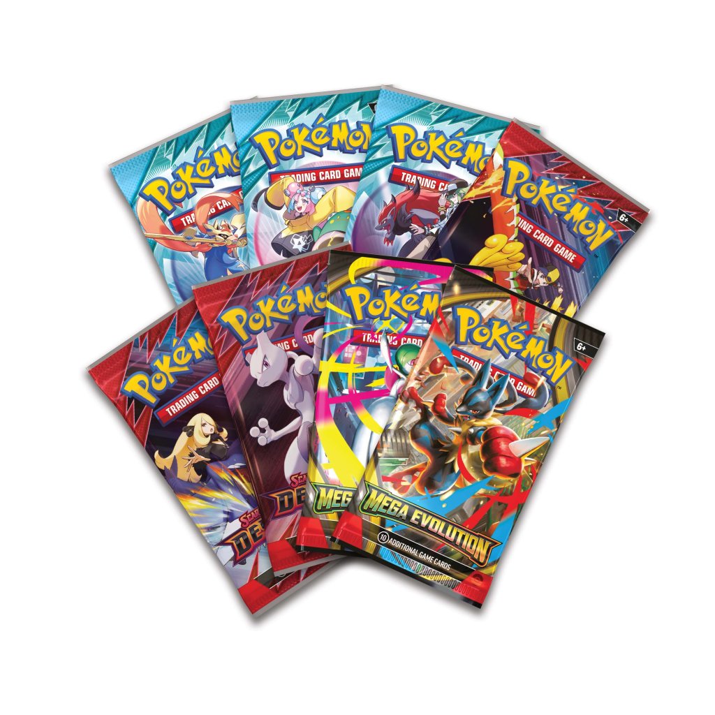 Collection of Pokémon trading card game packs on a white background