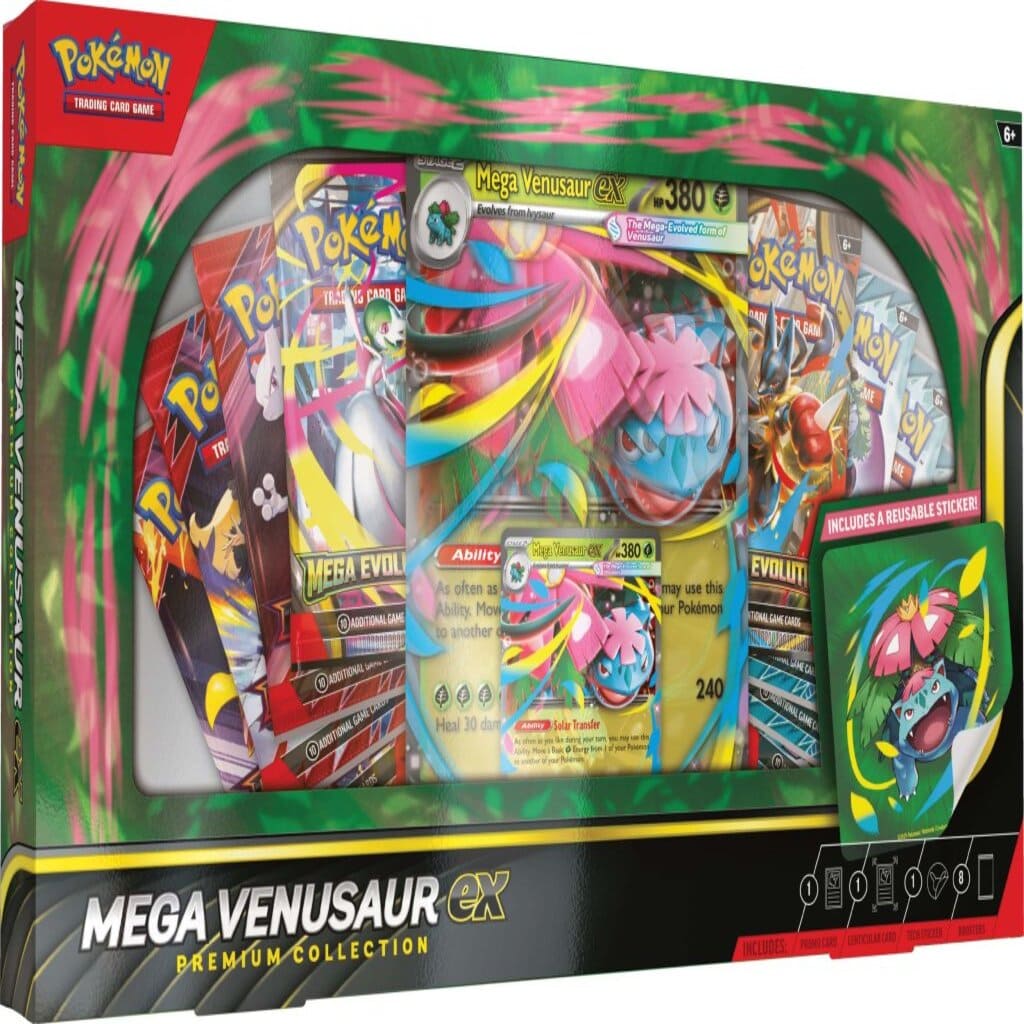 Pokémon Mega Venusaur GX premium collection packaging with cards and toy figure.