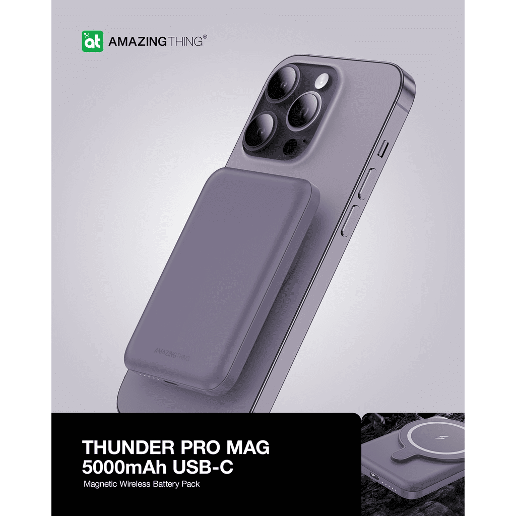 Phone case with magnetic wireless battery pack on a light gray background, featuring the 'Amazing Thing' brand.