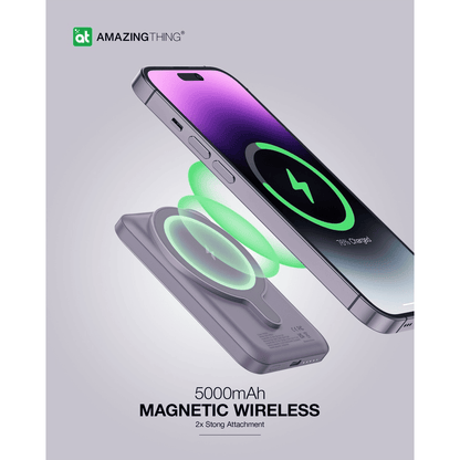 Wireless charging device with smartphone attachment on a light gray background, featuring 'Amazing Thing' branding.