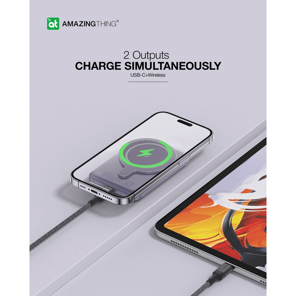 Wireless charger with smartphone and tablet on a light gray background, featuring 'Amazing Thing' branding.