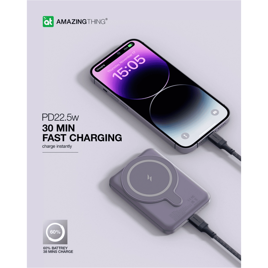 Wireless charging pad with smartphone on a light gray background, featuring 'Amazing Thing' branding.